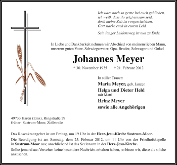 Traueranzeige von Johannes Meyer von Neue Osnabrücker Zeitung
