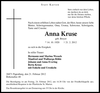 Traueranzeige von Anna Kruse von Neue Osnabrücker Zeitung
