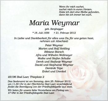 Traueranzeige von Maria Weymar von Neue Osnabrücker Zeitung