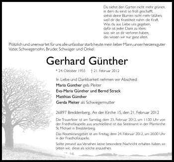 Traueranzeige von Gerhard Günther von Neue Osnabrücker Zeitung