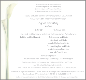 Traueranzeige von Agnes Berentelg von Neue Osnabrücker Zeitung