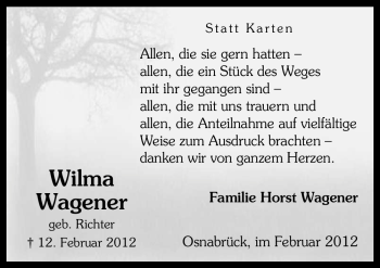 Traueranzeige von Wilma Wagener von Neue Osnabrücker Zeitung