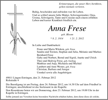 Traueranzeige von Anna Frese von Neue Osnabrücker Zeitung