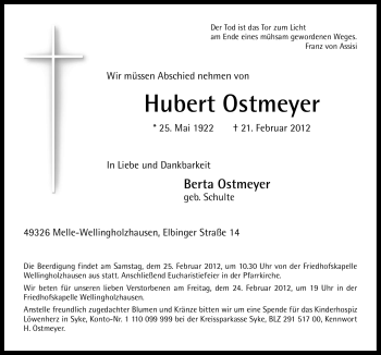 Traueranzeige von Hubert Ostmeyer von Neue Osnabrücker Zeitung