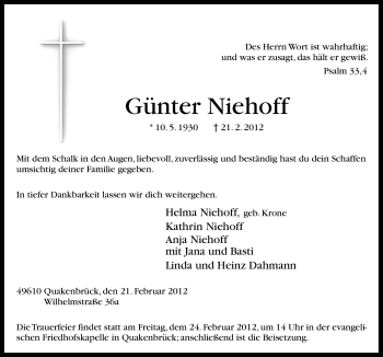 Traueranzeige von Günter Niehoff von Neue Osnabrücker Zeitung