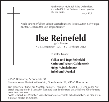 Traueranzeige von Ilse Reinefeld von Neue Osnabrücker Zeitung