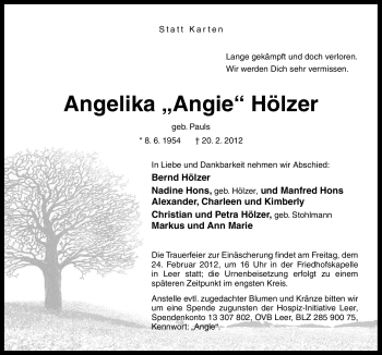 Traueranzeige von Angelika Hölzer von Neue Osnabrücker Zeitung