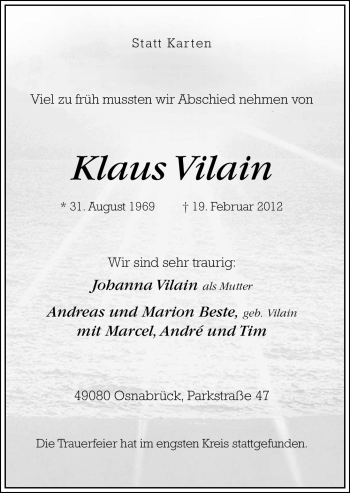 Traueranzeige von Klaus Vilain von Neue Osnabrücker Zeitung