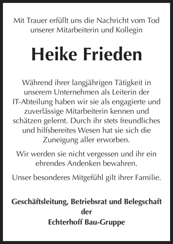 Traueranzeige von Heike Frieden von Neue Osnabrücker Zeitung