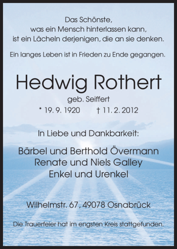 Traueranzeige von Hedwig Rothert von Neue Osnabrücker Zeitung
