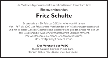 Traueranzeige von Fritz Schulte von Neue Osnabrücker Zeitung