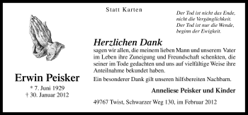 Traueranzeige von Erwin Peisker von Neue Osnabrücker Zeitung