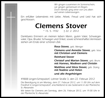 Traueranzeige von Clemens Stover von Neue Osnabrücker Zeitung