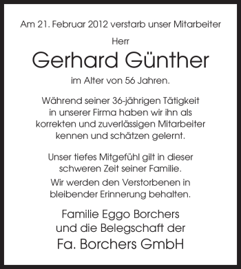 Traueranzeige von Gerhard Günther von Neue Osnabrücker Zeitung