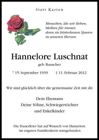 Traueranzeige von Hannelore Luschnat von Neue Osnabrücker Zeitung