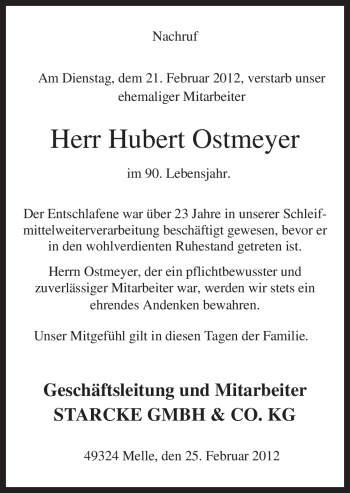 Traueranzeige von Hubert Ostmeyer von Neue Osnabrücker Zeitung