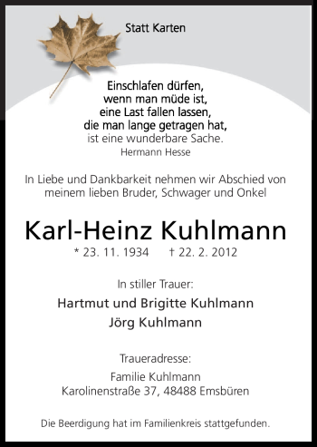 Traueranzeige von Karl-Heinz Kuhlmann von Neue Osnabrücker Zeitung