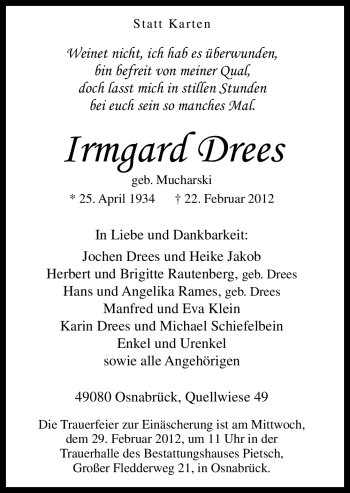 Traueranzeige von Irmgard Drees von Neue Osnabrücker Zeitung