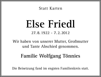 Traueranzeige von Else Friedl von Neue Osnabrücker Zeitung