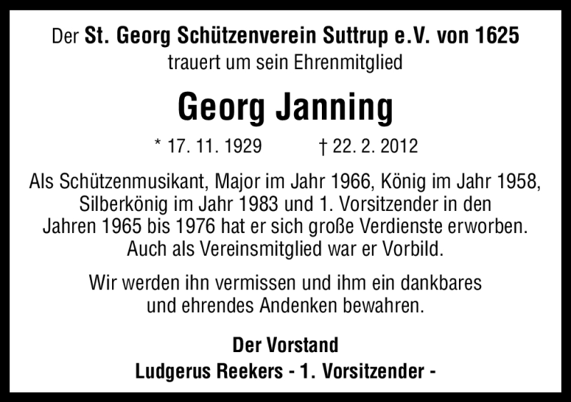  Traueranzeige für Georg Janning vom 25.02.2012 aus Neue Osnabrücker Zeitung