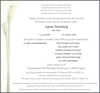 Traueranzeige von Agnes Berentelg von Neue Osnabrücker Zeitung