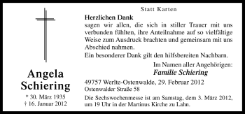Traueranzeige von Angela Schiering von Neue Osnabrücker Zeitung
