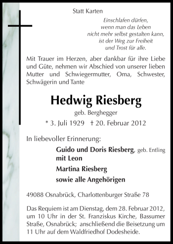 Traueranzeige von Hedwig Riesberg von Neue Osnabrücker Zeitung