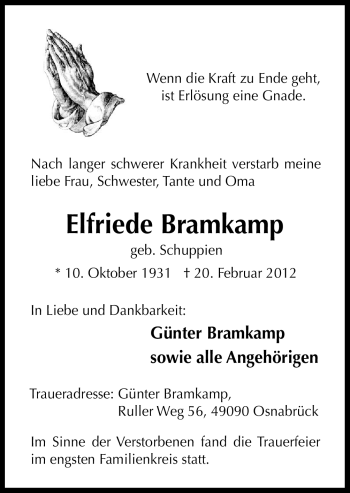 Traueranzeige von Elfriede Bramkamp von Neue Osnabrücker Zeitung