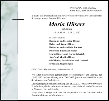 Traueranzeige von Maria Hüsers von Neue Osnabrücker Zeitung