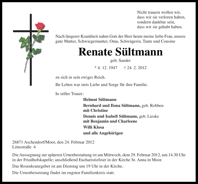  Traueranzeige für Renate Sültmann vom 27.02.2012 aus Neue Osnabrücker Zeitung