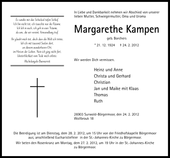 Traueranzeige von Margarethe Kampen von Neue Osnabrücker Zeitung