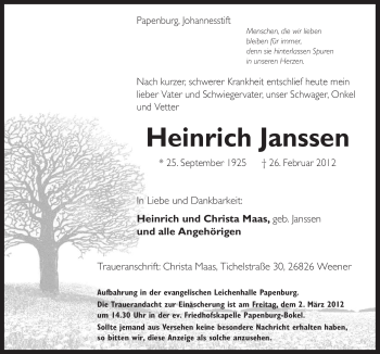 Traueranzeige von Heinrich Janssen von Neue Osnabrücker Zeitung
