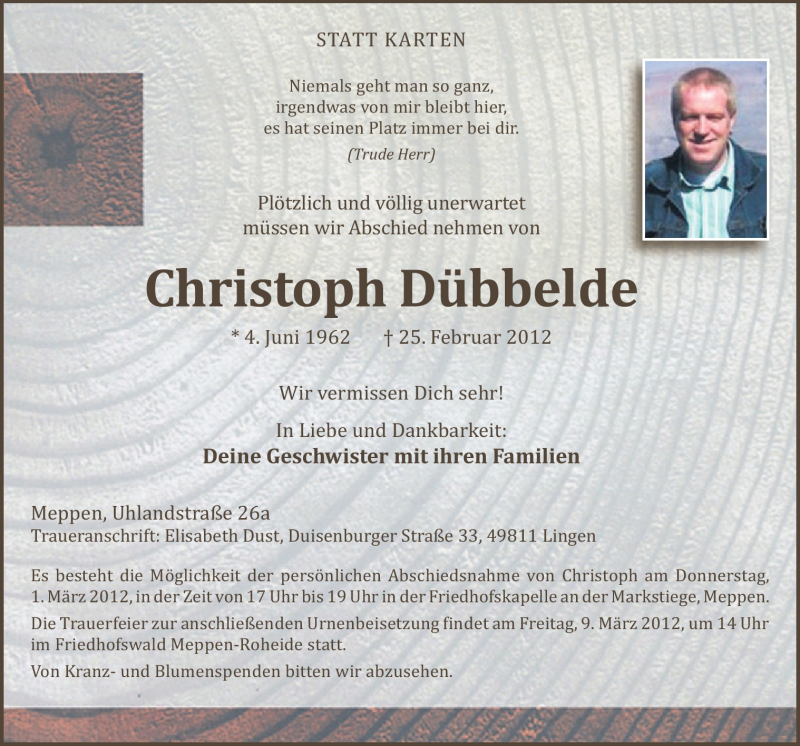  Traueranzeige für Christoph Dübbelde vom 28.02.2012 aus Neue Osnabrücker Zeitung