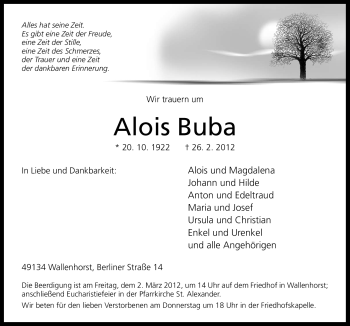 Traueranzeige von Alois Buba von Neue Osnabrücker Zeitung