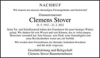 Traueranzeige von Clemens Stover von Neue Osnabrücker Zeitung