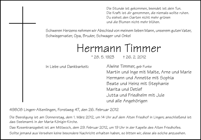  Traueranzeige für Hermann Timmer vom 28.02.2012 aus Neue Osnabrücker Zeitung