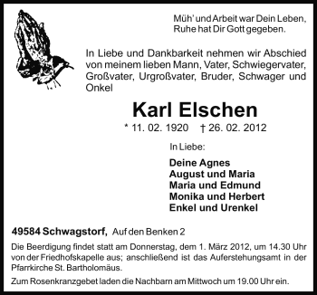 Traueranzeige von Karl Elschen von Neue Osnabrücker Zeitung