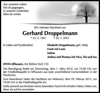 Traueranzeige von Gerhard Droppelmann von Neue Osnabrücker Zeitung