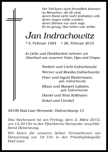 Traueranzeige von Jan Indrachowitz von Neue Osnabrücker Zeitung