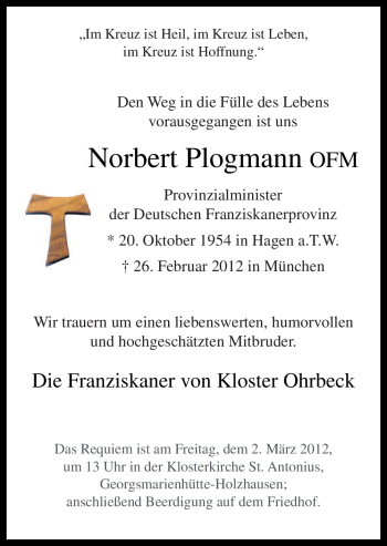 Traueranzeige von Norbert Plogmann von Neue Osnabrücker Zeitung