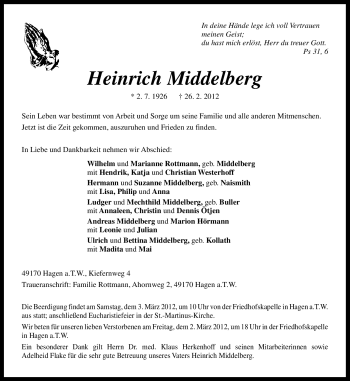 Traueranzeige von Heinrich Middelberg von Neue Osnabrücker Zeitung