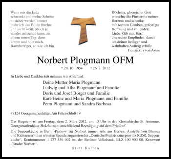 Traueranzeige von Norbert Plogmann von Neue Osnabrücker Zeitung