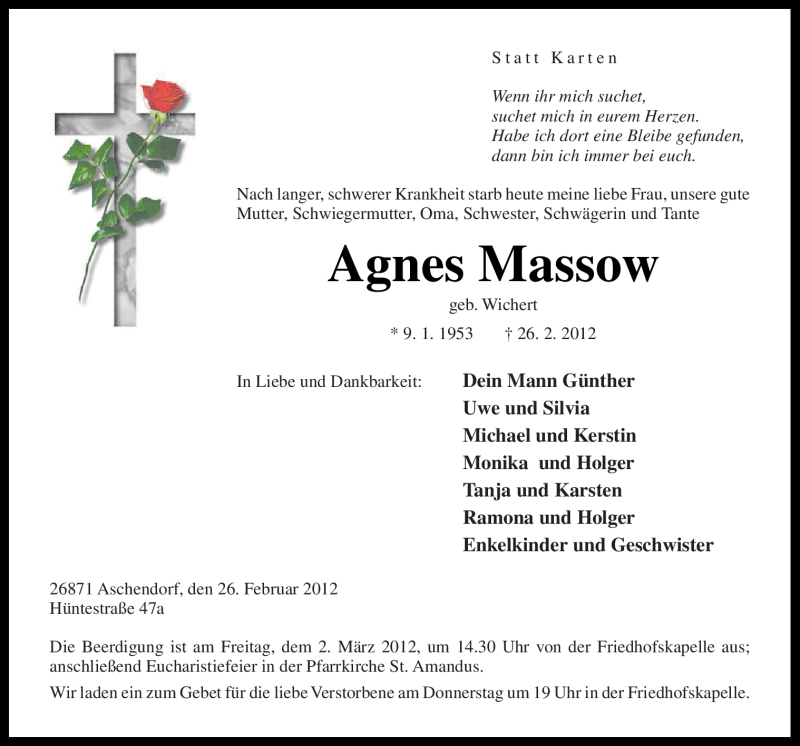  Traueranzeige für Agnes Massow vom 29.02.2012 aus Neue Osnabrücker Zeitung