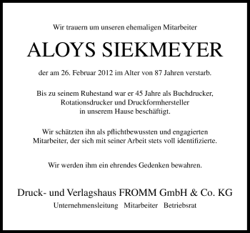 Traueranzeige von Aloys  Siekmeyer von Neue Osnabrücker Zeitung