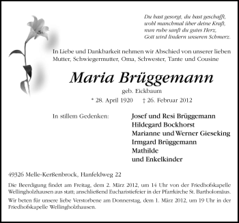 Traueranzeige von Maria Brüggemann von Neue Osnabrücker Zeitung