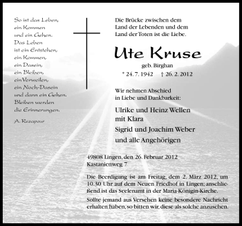 Traueranzeige von Ute Kruse von Neue Osnabrücker Zeitung