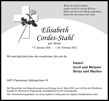 Traueranzeige von Elisabeth Cordes-Stahl von Neue Osnabrücker Zeitung