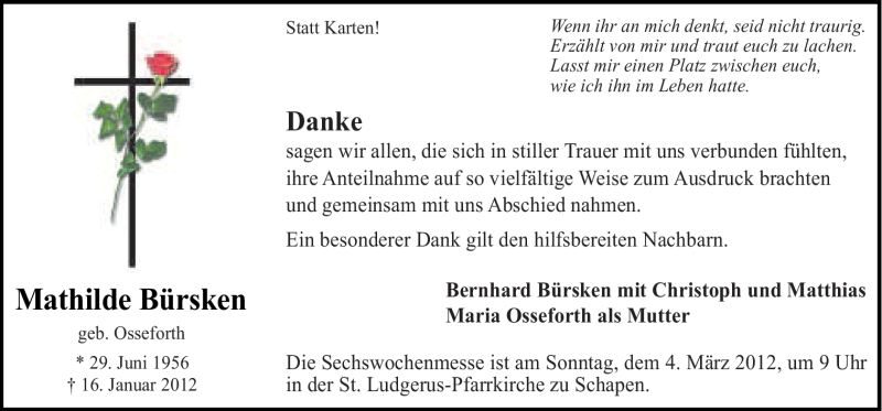  Traueranzeige für Mathilde Bürsken vom 29.02.2012 aus Neue Osnabrücker Zeitung