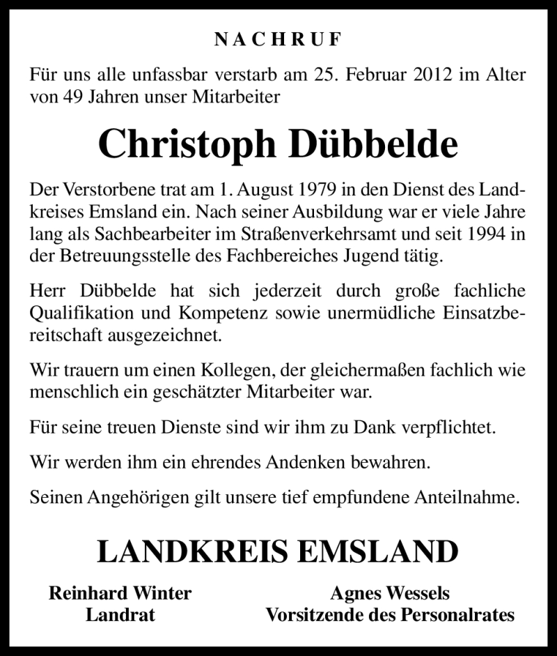  Traueranzeige für Christoph Dübbelde vom 29.02.2012 aus Neue Osnabrücker Zeitung