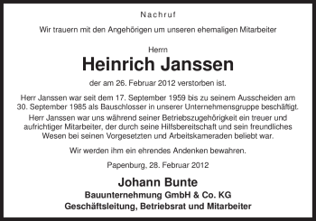 Traueranzeige von Heinrich Janssen von Neue Osnabrücker Zeitung